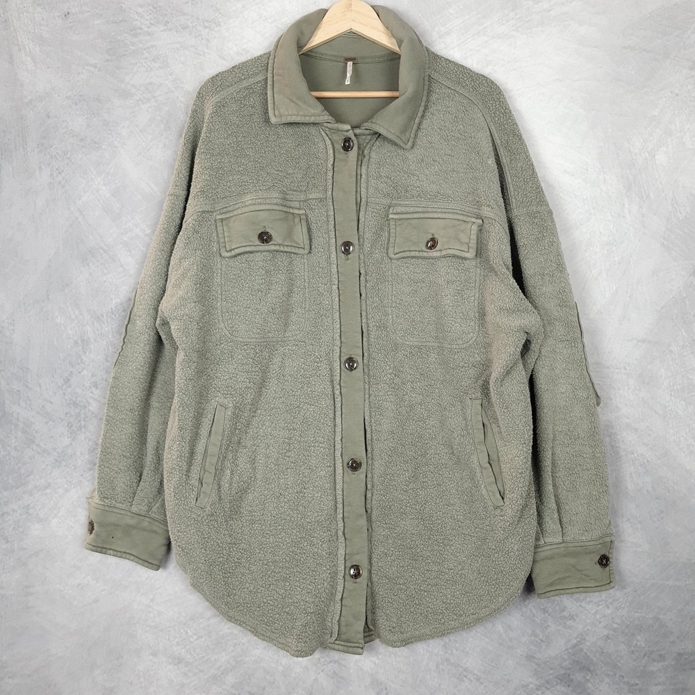 Free People Shirt Jacket Womens Medium Green Fleece Ruby Shacket Oversized